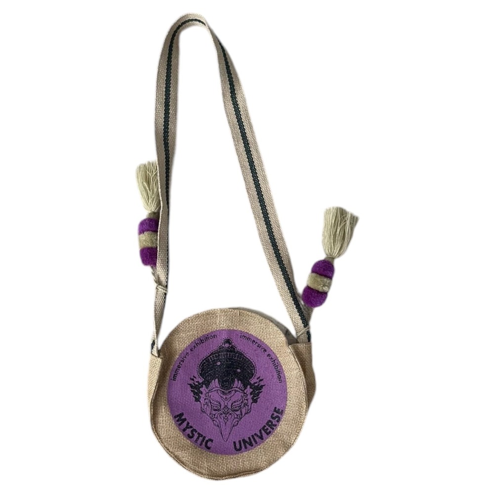 Mystic Universe Immersive Exhibition Round Burlap Crossbody Bag Purple Tassels